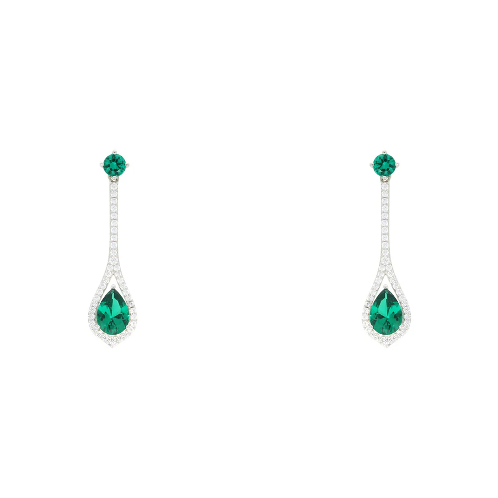 Sterling Silver Pear Cut Emerald and CZ Drop Earrings