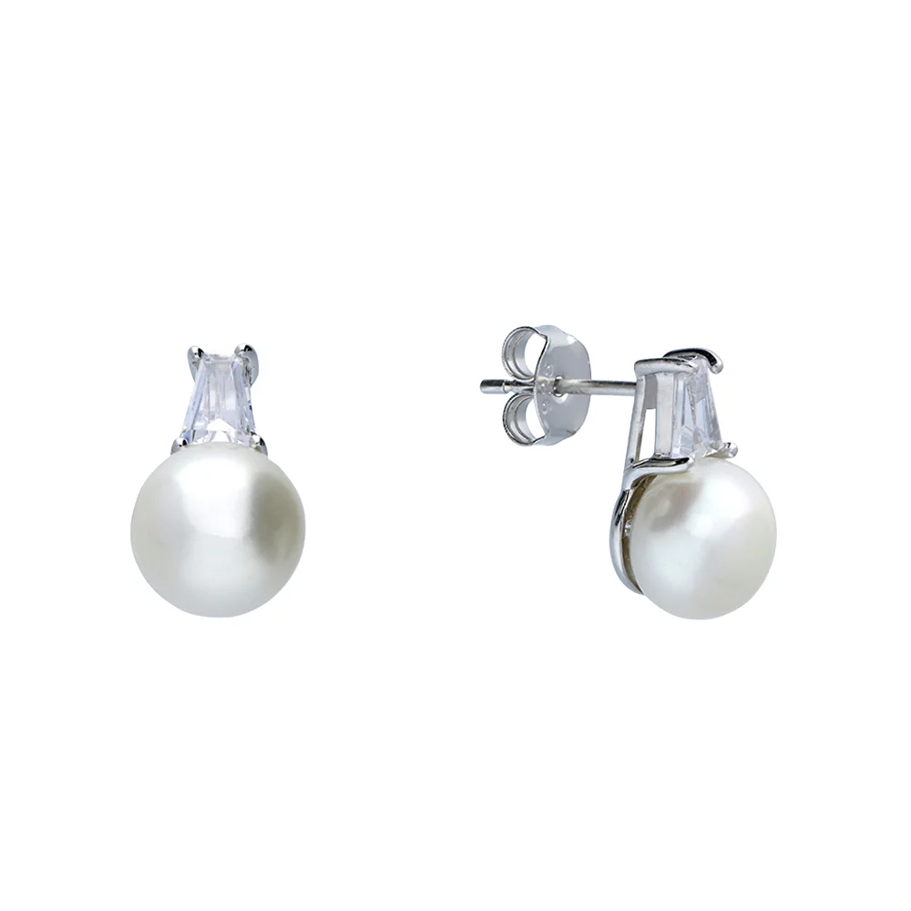 Sterling Silver Pearl and Single Cubic Zirconia Stud Earrings - Image 2