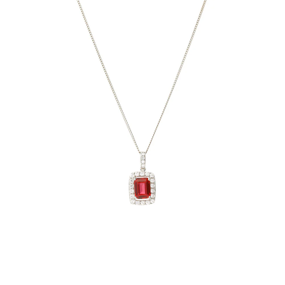 Sterling Silver Rectangular Ruby and CZ Halo Pendant