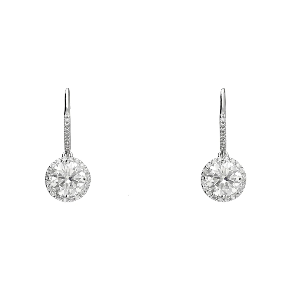 Sterling Silver Round Cubic Zirconia Halo Hook Earrings