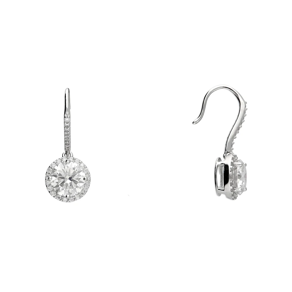 Sterling Silver Round Cubic Zirconia Halo Hook Earrings - Image 3