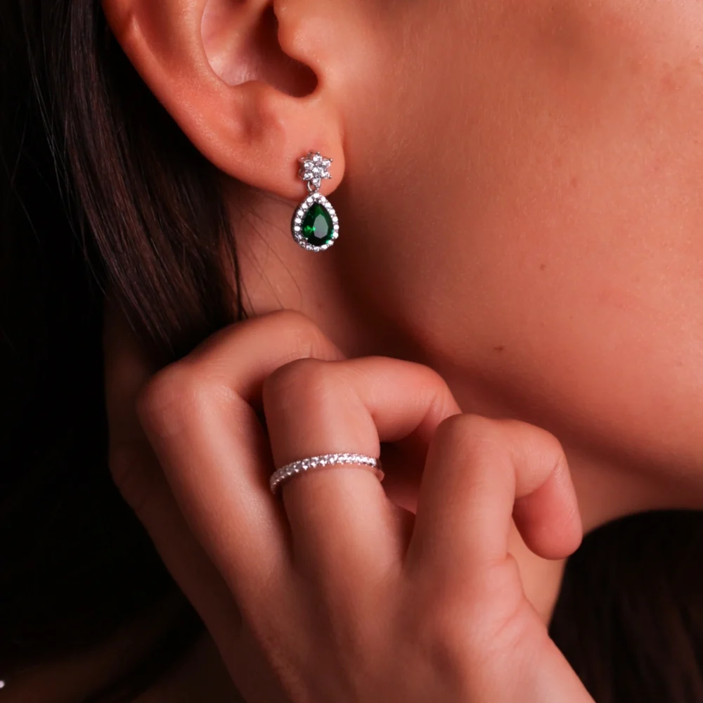 Sterling Silver Star Emerald Zirconia Drop Earrings - Image 2