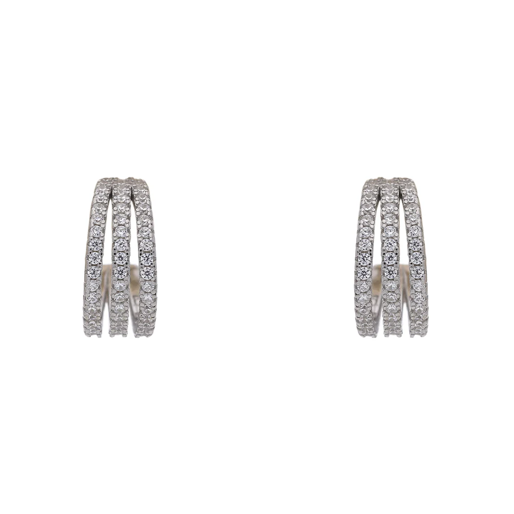 Sterling Silver Triple Row Huggie Cubic Zirconia Pave Half Hoop Earrings